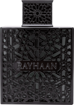 Czarna butelka wody perfumowanej Rayhaan Obsidian o geometrycznym wzorze, metalicznym połysku i napisem, ujęcie z przodu.