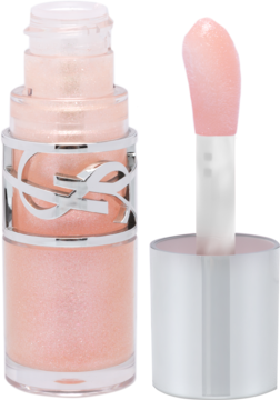 Błyszczyk Yves Saint Laurent Loveshine Stardust Love, jasnoróżowy z brokatem, otwarty flakon z wyciągniętym aplikatorem.