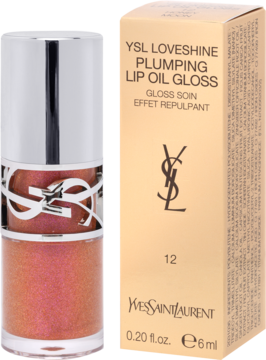 YSL Loveshine Plumping Lip Oil Gloss #12, shimmering peachy-pink, silver cap, with gold box, angled.