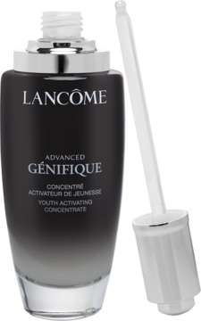 Koncentrat Lancôme Advanced Génifique w gradientowej butelce z wyjętym zakraplaczem, widok pod kątem.