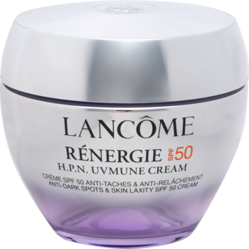 Srebrno-fioletowy krem Lancôme Rénergie H.P.N. UVMUNE Cream SPF 50 w błyszczącym słoiczku, widok z przodu.