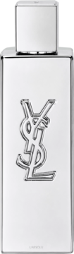 Perfumy męskie Yves Saint Laurent Myslf L'Absolu w srebrnej, prostokątnej butelce z wypukłym logo YSL na froncie, widok z przodu.