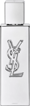 Srebrny flakon perfum męskich Yves Saint Laurent Myslf L'Absolu z wytłoczonym logo YSL, widok z przodu.