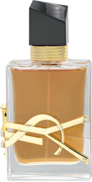 YSL Libre Intense woda perfumowana, szklana butelka z bursztynowym płynem, złotym logo, czarną nakrętką, ujęcie z przodu.