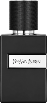 Czarne, prostokątne perfumy męskie Yves Saint Laurent Y, z białą etykietą z logo i czarną ryflowaną nakrętką.