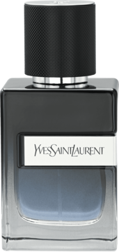YSL Y woda perfumowana męska. Szklany flakon z ciemną górą, niebieskim płynem i logo YVES SAINT LAURENT.