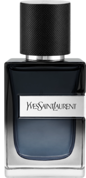 Yves Saint Laurent Y woda perfumowana męska w granatowej butelce z metalową etykietą i czarną nakrętką. Widok z przodu.