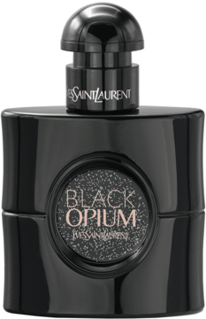 Yves Saint Laurent Black Opium, czarny flakon perfum damskich z brokatowym wykończeniem i logo, widok z przodu.