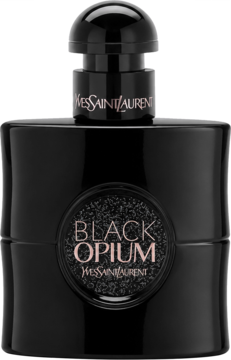 YSL Black Opium perfumy damskie, czarna, błyszcząca butelka z fakturowaną etykietą, widok frontalny.