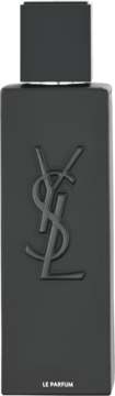Frontowy widok matowego, ciemnoszarego flakonu perfum YSL Myslf Le Parfum męskich, z wytłoczonym logo YSL.