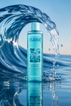 Isana Ocean Alchemy chłodzący żel pod prysznic w turkusowej butelce, z błękitną falą w tle.