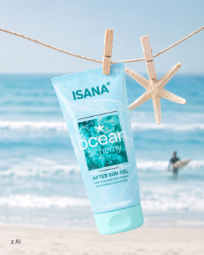 Isana Ocean Alchemy chłodzący żel po opalaniu, niebieska tubka z logo, zawieszona na sznurku z rozgwiazdą.