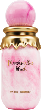 Perfumy Marshmallow Blush Paris Corner: butelka z różowo-białym marmurkiem, złotym falowanym kołnierzem i okrągłą nakrętką.