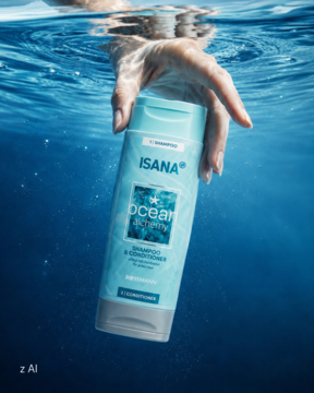 Jasnoniebieska butelka Isana Ocean Alchemy 2w1 szamponu z odżywką, trzymana przez dłoń pod wodą.