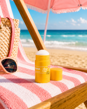 Żółty sztyft przeciw otarciom Isana Amor del Sol z białym produktem, otwarty na plażowym leżaku z morzem w tle.