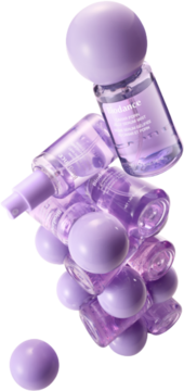 Biodance Caviar & PDRN żelowa mgiełka-serum w fioletowych butelkach z okrągłymi sferami, dynamiczna kompozycja.