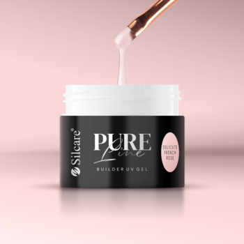 Silcare PURE Line Builder UV Gel Delicate French Rose w czarnym słoiczku, pędzelek zanurzony w różowym żelu.