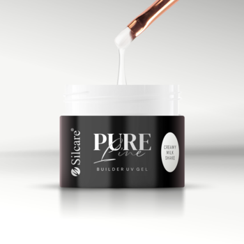 Silcare PURE Line Builder UV Gel Organic Milk Shake, biały żel mleczny w słoiczku, pędzelek z kroplą.