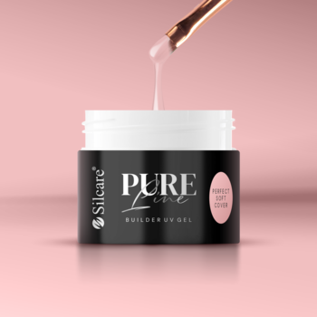 Czarny słoiczek żelu budującego Silcare PURE Line UV GEL, żel w kolorze nude, pędzel z kapiącą kroplą na różowym tle.