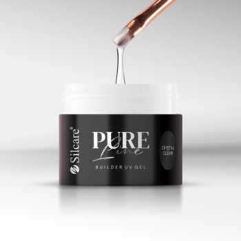 Silcare PURE Line Builder UV Gel Crystal Clear w czarnym słoiku, pędzel z kapiącym bezkwasowym żelem.