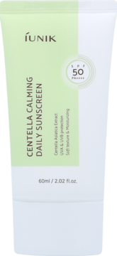IUNIK Centella Calming Daily Sunscreen SPF 50 PA++++, biała tubka z zielonym akcentem, widok z przodu.