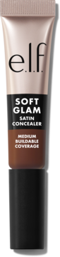e.l.f. Soft Glam Satin Concealer, nawilżający. Beżowo-brązowa tubka z czarną nakrętką, widok z przodu.
