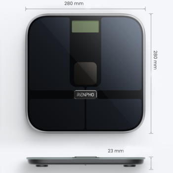 Inteligentna waga analityczna RENPHO Elis Solar 2, czarna, kwadratowa, widok z góry i z boku z wymiarami.
