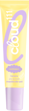 Żółta tubka cloud 111 Banana Jelly Lip Mask, z fioletowym logo i napisem "nawilżająca", widok z przodu.