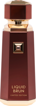 Ciemnobrązowa, ośmiokątna butelka perfum Liquid Brun Limited Edition ze złotymi akcentami, widok z przodu.