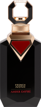 Czarny, fasetowany flakon perfum French Avenue Amber Empire ze złotymi akcentami, czerwoną wstawką i ozdobnym korkiem.