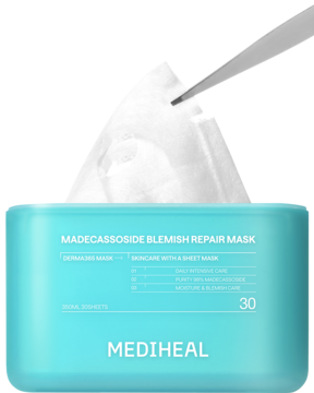 MEDIHEAL Madecassoside Blemish Repair Mask, turkusowe opakowanie z 30 maskami w płachcie, jedna wyjmowana pęsetą.