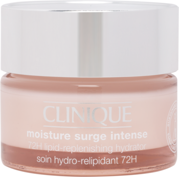Krem-żel Clinique Moisture Surge Intense 72H w różowym słoiczku z srebrną zakrętką, widok z przodu.