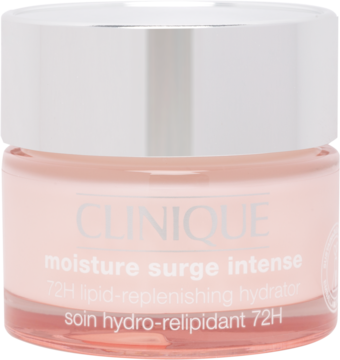 Clinique Moisture Surge Intense 72H nawilżający krem w różowym słoiczku, srebrna zakrętka, widok z przodu.
