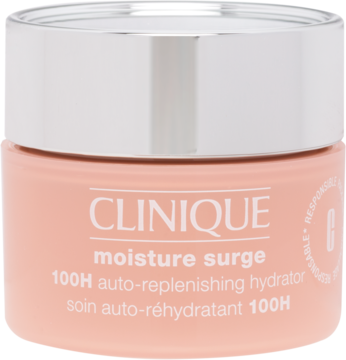 Clinique Moisture Surge 100H, różowy krem-hydrator w słoiku z srebrną zakrętką, widok z przodu.