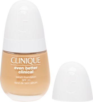 Clinique Even Better Clinical Serum Foundation SPF 20, beżowy podkład w szklanej butelce z odkręconą białą nakrętką na białym tle.