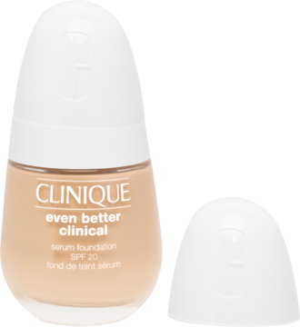 Beżowy podkład serum Clinique Even Better Clinical SPF 20, owalna butelka z białym korkiem obok, widok z przodu.