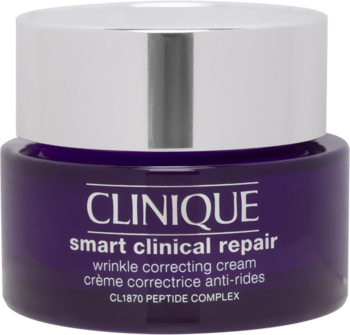 Krem przeciwzmarszczkowy Clinique Smart Clinical Repair w fioletowym słoiczku z srebrnym wieczkiem, widok ukośny.