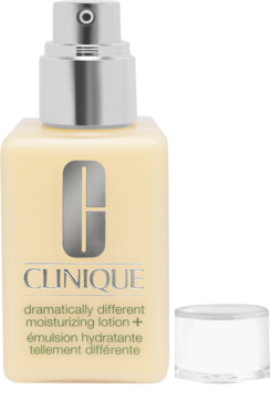 Kanciasta, bladożółta butelka Clinique Dramatically Different Moisturizing Lotion+ z pompką, widok z przodu obok nakrętki.