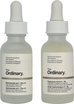 Dwa matowe szklane serum The Ordinary: Niacinamide 10% + Zinc 1 i Hyaluronic Acid 2% + B5 z zakraplaczami, widok z przodu.