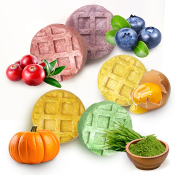 Dr Malou liofilizowane wafle dla kota: 5 okrągłych smaków, np. jagoda, dynia, żurawina, trawa, żółtko.