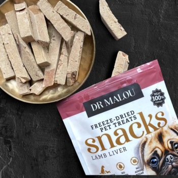 Dr Malou Freeze-Dried Lamb Liver treats dla psa. Beżowe, liofilizowane kawałki w złotej misce, obok torebka z mopsem.