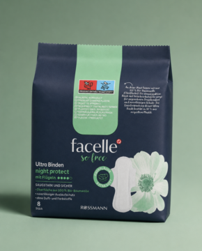 Ciemnoniebieskie opakowanie podpasek facelle so free night protect ze 100% bawełny organicznej, widok z przodu.
