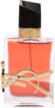 Perfumy YSL Libre w szklanej butelce z pomarańczowym płynem, widok z przodu, złote logo YSL i czarno-złota nakrętka.