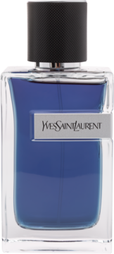 Perfumy YSL Y męskie, niebieska woda toaletowa w prostokątnym flakonie, czarna nakrętka, widok z przodu.
