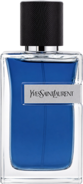 Yves Saint Laurent Y Iced Cologne Intense, męska woda toaletowa w prostokątnej butelce, niebieski płyn, widok z przodu.