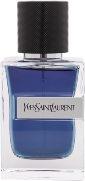 Yves Saint Laurent Y for Men woda perfumowana. Butelka z niebieskim płynem, srebrną etykietą i teksturowaną czarną nakrętką.