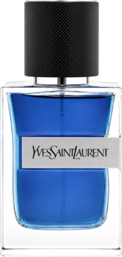 YSL Y Iced Cologne Intense, męska woda toaletowa w szklanej butelce z niebieskim płynem, srebrną etykietą, czarną nakrętką, z przodu.