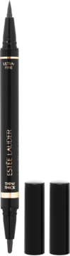 Estee Lauder dwustronny eyeliner w pisaku, czarny ze złotymi detalami, z odkrytymi końcówkami i czarnymi nakrętkami.