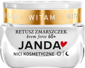 JANDA krem forte 60+ NICI KOSMETYCZNE, biały słoiczek ze złotym paskiem, widok z przodu na dzień i noc.