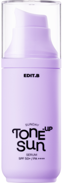 Lawendowe serum przeciwsłoneczne EDIT.B Sunday Tone-Up Sun SPF 50 PA++++, widok z przodu butelki z pompką.